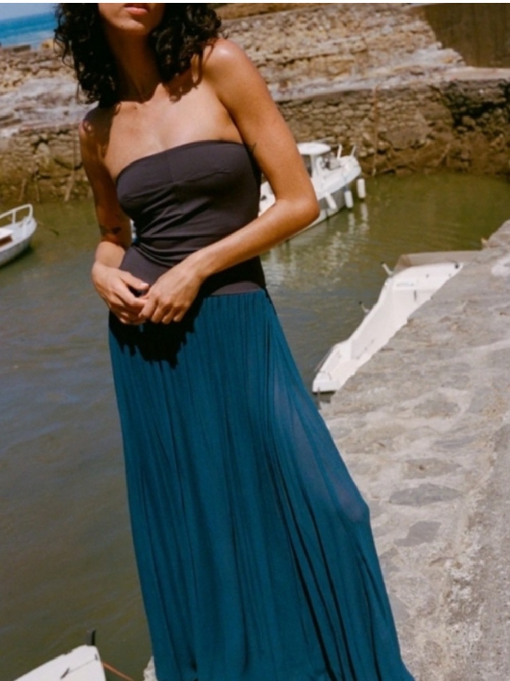 Ciao Lucia Strapless Black Bodice with Teal Pleated Maxi Skirt - Giselle dress